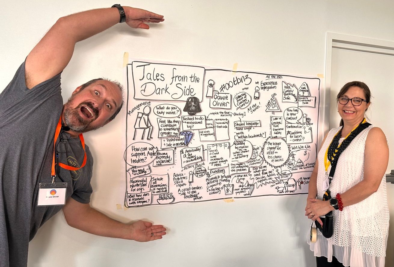 Dawie Olivier and Amanda beside the Agile on the Beach chart